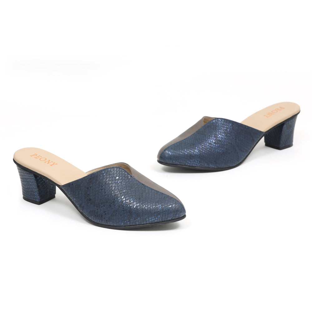 METALLIC SILVER AND BLUE SNAKE TEXTURE MULES