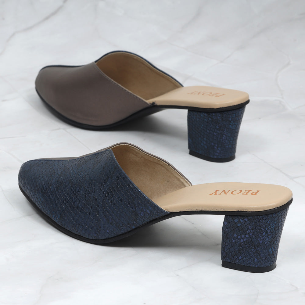 METALLIC SILVER AND BLUE SNAKE TEXTURE MULES